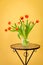 Red tulips in a vase on mosaic table.