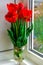 Red tulips in vase on the windowsill bright, country style, in sunlight, bouquet for Easter decoration against an open background