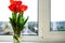 Red tulips in vase on the windowsill bright, country style, in sunlight, bouquet for Easter decoration against an open background