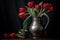 Red tulips in a vintage pewter jug. Dark and moody still life