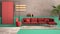 Red and turquoise colored contemporary living room, sofa, armchair, carpet, concrete walls, potted plant and decors, copper lamps