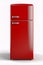 Red two chamber refrigerator on white background