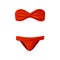 Red two-piece swimsuit. Stylish bikini. Women garment for swimming. Trendy beachwear. Fashion theme. Flat vector icon