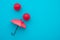 Red umbrella cover from Covid-19 coronavirus attack on blue background copy space. Protection coronavirus epidemic effect to life