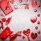 Red Valentines day background with various greeting decoration: heats, balloons, ribbon, lock and key and diary book, top view, fr