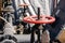 Red valve on the deck of a sea tanker