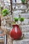 Red vase with green plant stands on stoned steps.