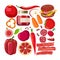 Red vector food. Vegetables and fruits and other red food on white. Chromotherapy, Color Benefits to Your Health. Fresh