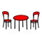 Red Vector outline illustration of a room with a table and a pair of chairs on a white wall background