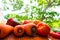 Red vegetables on a wooden base. Healthy food. Multicoloured raw food