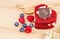 Red Velvet cake on wooden background, Shape of heart, raspberries.