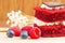 Red Velvet cake on wooden background, Shape of heart, raspberries.