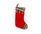 Red Velvet Christmas stocking with green and gold striped top an