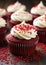 a red velvet cupcake with white frosting and sprinkles