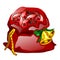 Red velvet sack tied with a rope with golden Christmas bells filled with precious stones rubies isolated on white