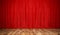 Red velvet theater, stage curtains with wooden floor, 3D rendering.