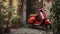 red vespa 50 special parked in an alley in front of a period door and pots with plants.