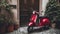 red vespa 50 special parked in an alley in front of a period door and pots with plants. AI