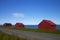 Red village buildings in Lofoten