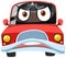 Red vintage car cartoon character with angry face expression on white background