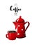 Red vintage coffee pot with cup on white background, with text It`s coffee time, illustration in country style