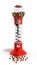 red vintage gumball dispenser machine made of glass and reflective plastic with chrome trim filled with multicolored gumballs on