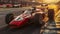 Red Vintage Racing Car Speeding Track During Sunset With Blurred Background And Spectators
