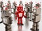 Red vintage robot stands out among gray standard robots. 3D illustration