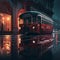 Red vintage tram in a rainy city at night