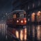 Red vintage tram in a rainy city at night