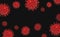 Red virus bacteria cells 3D render background image on black background. Flu, influenza, coronavirus model illustration. Covid-19