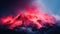 A red volcano is covered in smoke and lava, AI