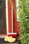 A red wall at a doorway with yellow foppa shoes