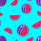 Red Warermelon Seamless pattern Blue background. August 3 International watermelons day poster print. Violet fruit sliced, seeds.