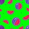 Red Warermelon Seamless pattern Green background. August 3 International watermelons day poster print. Violet fruit sliced, seeds.