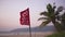 Red warning flag on the beach - no swimming. Palm tree on the background.