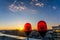 Red warning lights on the roof of high-rise building