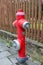 Red water hydrant in the middle of the footpath