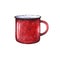 Red watercolor illustration of metal enamel mug