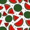 Red watermelon and seeds black outline cartoon illustration seamless pattern