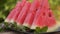 Red watermelon slices on a plate with mint leaves. Camera tilt up.