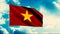 Red waving flag of Vietnam with a yellow star. Motion. Bright animation with a national flag on a flagpole on blue