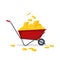 Red wheelbarrow full of golden coins. Gold money flat style- vector illustration. Bank finance concept. Pushcart with