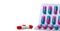 Red-white antibiotic capsule pills and pink-blue anti-fungal granules in capsule pills in blister pack on white background .