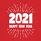 Red and white background with 2021, christmas fir tree, firework. Decorative backdrop. Happy New Year, colorful greeting card