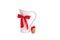 Red white background pitcher carafe milk jug gift Valentine`s day bow ribbon knot chicken egg feathers isoiated hair one