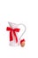 Red white background pitcher carafe milk jug gift Valentine`s day bow ribbon knot chicken egg feathers isoiated hair one