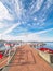 Red and white banners decorate the seaside walk in Sidney, Vancouver Island, British Columbia to celebrate Canada 150 anniversary