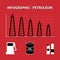 Red white black infographic of decline production of petroleum with rig, fuel, oil and plastic