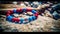 a red, white and blue beaded bracelet sitting on a rock next to a tree trunk and a rock with a silver charm on it